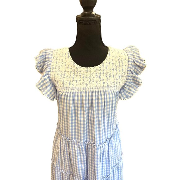 J. Marie Vintage Blue White Gingham Smocked Tiered Ruffle Maxi Dress S Cottage - Picture 2 of 10
